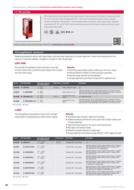  Скачать каталог Оптические датчики Leuze Electronic 46 серии